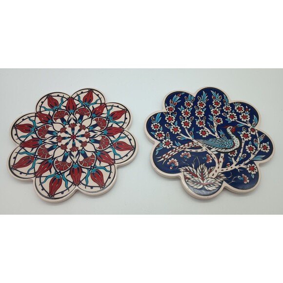 Scalloped Peacock Trivet & Floral Coaster Set from World Market- made in Turkey - Picture 1 of 8